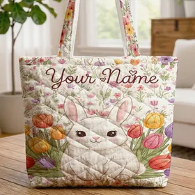Bunny Tulips Wildflower Wreath - Nature Lover Everyday Gift Quilted Tote Bag