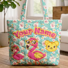 Flamingo Sunglasses Hibiscus Palm - Tropical Vacation Lover Gift Quilted Tote Bag