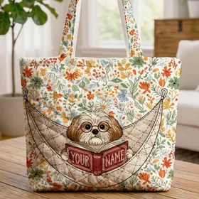Personalized Shih Tzu Storybook Reader Wildflower Botanical - Dog Lover Gift Quilted Tote Bag