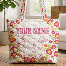 Bunnies Nuzzling Folk Art Flowers Floral Wreath Personalized Gift Quilted Tote Bag