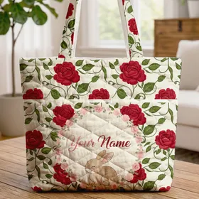 Bunny Miniature Roses Winding Vines Floral Wreath - Your Name Text Nature Lover Gift Quilted Tote Bag