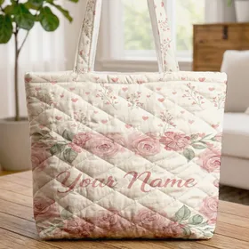 Blooming Roses Carnations Heart Floral Name - Everyday Carryall Gift Quilted Tote Bag