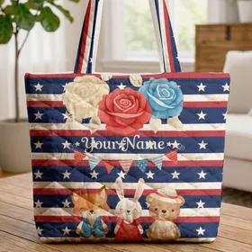Roses Star Stripe Bunting - Independence Day Celebration Gift Quilted Tote Bag