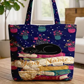 Sleeping Black Cat Books Teacup Night Sky - Cat Lover Book Lover Gift Quilted Tote Bag