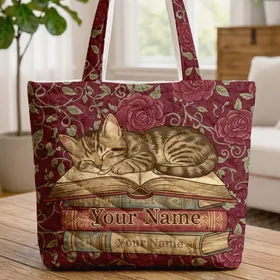 Sleeping Tabby Kitten Rose Floral Books - Everyday Home Decor Gift for Book Lovers Quilted Tote Bag