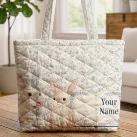 Bunnies Pink Rose Open Book Botanical - Storybook Reader Gift Quilted Tote Bag
