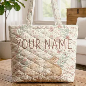 Nuzzling Bunnies Wildflowers Leaves Berries Wreath - Bunny Lover Gift Quilted Tote Bag