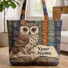 Wise Owl Open Book Gold Spines - Book Lover Everyday Carry Gift Quilted Tote Bag