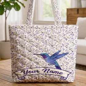 Personalized Purple Hummingbird Floral Vines - Botanical Bird Lover Gift Quilted Tote Bag