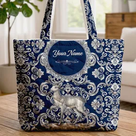 Deer Rococo Floral Damask - Personalized Everyday Keepsake Gift Quilted Tote Bag