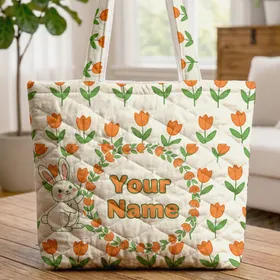 Orange Tulips Bunny Flower Wreath - Home Decor Gift for Gardeners & Plant Lovers Quilted Tote Bag