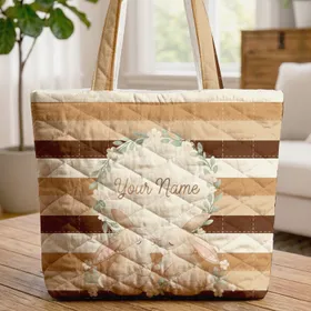 Striped Background Bunnies Nuzzling Floral Wreath Name - Everyday Lifestyle Gift Quilted Tote Bag
