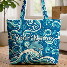 Playful Dolphin Wave Swirls Bubbles Your Name - Ocean Lover Gift for Dolphin Fans Quilted Tote Bag