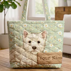 Fluffy Westie Dog Daisy Field Name Plank - Dog Lover Everyday Use Gift Quilted Tote Bag