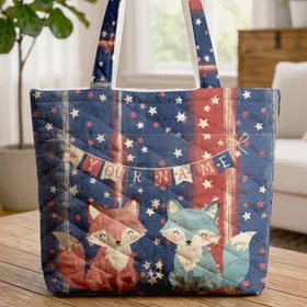 Foxes Stars Stripes Bunting Crimson Red Deep Blue Cream White Independence Day Wildlife Lover Gift Quilted Tote Bag