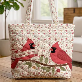 Red Cardinals Flowering Tree Branch Name Ribbon - Bird Lover Everyday Gift Quilted Tote Bag