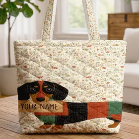 Patchwork Dachshund Botanical Birds - Dog Lover Everyday Carry Quilted Tote Bag