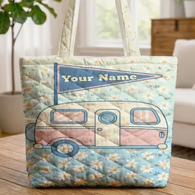 Ditsy Daisies Camper Van Windows Door Name Flag - Road Trip Traveler Vacation Gift Quilted Tote Bag