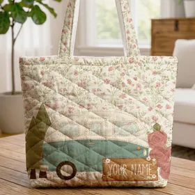 Camper Van Evergreen Wildflowers Roses Wooden Sign Travel Essentials Quilted Tote Bag