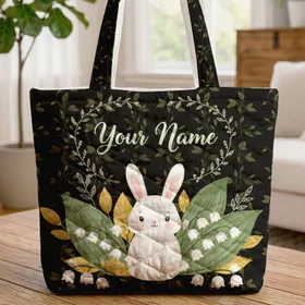 Bunny Lily of the Valley Floral Wreath Your Name - Wildlife Lover Gift for Bunny Lover Quilted Tote Bag