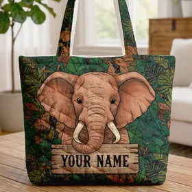 Charming Elephant Head Personalized Name Tropical Jungle - Wildlife Lover Gift Quilted Tote Bag