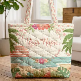 Tropical Beach Sunset Hibiscus Palm Leaves Floral Wreath - Beach Lover Gift Quilted Tote Bag