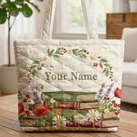 Vintage Hardback Books Wildflower Springs Floral Wreath - Reading Enthusiast Gift Quilted Tote Bag