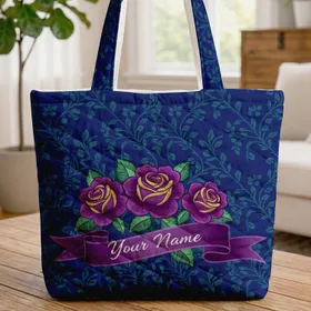 Roses Vines Personalized Ribbon - Botanical Lover Everyday Use Quilted Tote Bag