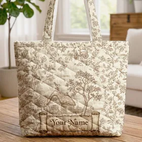 Toile de Jouy Botanical Vines Countryside Cottage Personalized Name - Everyday Carry Gift Quilted Tote Bag