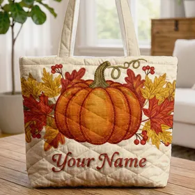 Pumpkin Autumn Foliage Name Wreath - Fall Harvest Decor Gift Quilted Tote Bag
