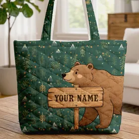 Brown Bear Pine Forest Mountain Personalized Wooden Sign - Wildlife Lover Gift Quilted Tote Bag