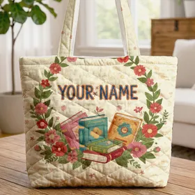 Floral Wreath Storybooks - Reading Gift for Book Lovers Quilted Tote Bag