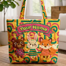 Brown Bear Cream Bunny Orange Fox Organic Shapes - Personalized Name Animal Lover Gift Quilted Tote Bag