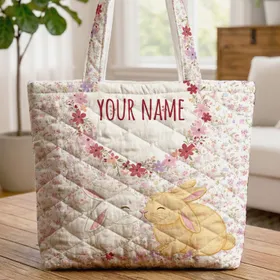 Two Storybook Nuzzling Bunnies Wildflowers Floral Wreath - Everyday Tote Gift for Bunny Lover Quilted Tote Bag