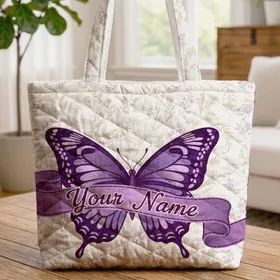 Elegant Butterfly Botanical Floral Leaves Name Ribbon Deep Purple - Everyday Gift Quilted Tote Bag