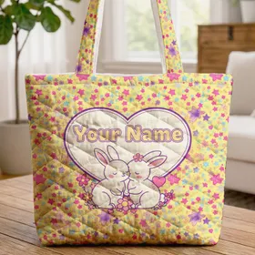 Personalized Nuzzling Bunnies Stars Hearts - Birthday Gift for Child Quilted Tote Bag