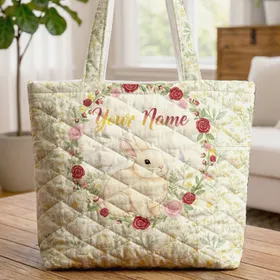 Bunny Rabbit Wildflower Floral Wreath with Your Name - Mother's Day Gift Quilted Tote Bag