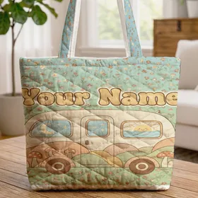 Camper Van Wildflowers Personalized Name - Adventure Travel Gift for Nature Lovers Quilted Tote Bag