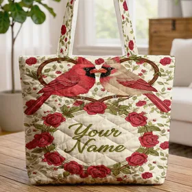 Nuzzling Cardinals Red Roses Heart Branches - Bird Lover Everyday Gift Quilted Tote Bag