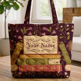 Personalized Vintage Books & Candles Botanical Vines - Book Lover Gift Quilted Tote Bag