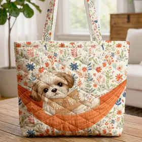 Shih Tzu Puppy Hammock Reading Book Botanical Flowers - Dog Lover Everyday Gift Quilted Tote Bag