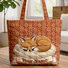Sleeping Fox Cub Autumn Floral Geometric 'Your Name' - Wildlife Lover Gift for Home Quilted Tote Bag