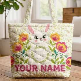 Bunny Folk Art Flowers Floral Wreath "Your Name" - Everyday Tote Gift Quilted Tote Bag
