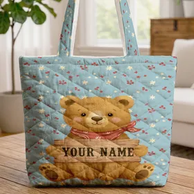 Bear Rustic Bandana Wooden Sign 'Your Name' - Independence Day Gift for Americans Quilted Tote Bag