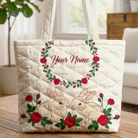 Nuzzling Cream Bunnies Red Rose Wreath - Home Decor Wildlife Lover Gift for Bunny Lovers Quilted Tote Bag
