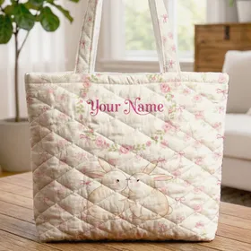 Scattered Roses Leaves Bows Bunnies Nuzzling Floral Wreath - Wildlife Lover Gift Quilted Tote Bag