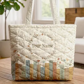 Personalized Vintage Book Spines Botanical Plants - Book Lover Lifestyle Gift Quilted Tote Bag