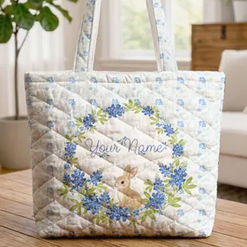 Bunny Bluebonnet Flowers Floral Wreath - Wildlife Lover Everyday Gift Quilted Tote Bag