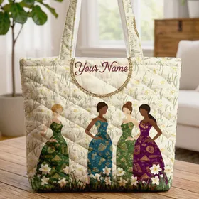 Three Stylized Women Daffodils Name Medallion - Everyday Carry Personalized Gift Quilted Tote Bag