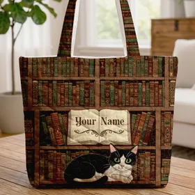 Black And White Cat Vintage Bookshelf - Book Lover Home Decor Gift For Readers Quilted Tote Bag